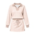thumbnail image 7 of Women's 2 Piece Plaid Outfits Long Sleeve Collar V Neck Sweatshirt and Drawstring Mini Skirt Lounge Sets Casual Fall Winter Tracksuit Matching Set Khaki, 7 of 7