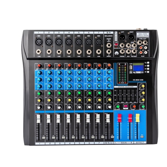 8 Channel Mixing Console Audio Mixer Bluetooth USB Audio Interface 48V Phantom Power Mixer Use for Stereo DJ Studio PC Recording Singing Webcast Party (8 Channel Mixer)