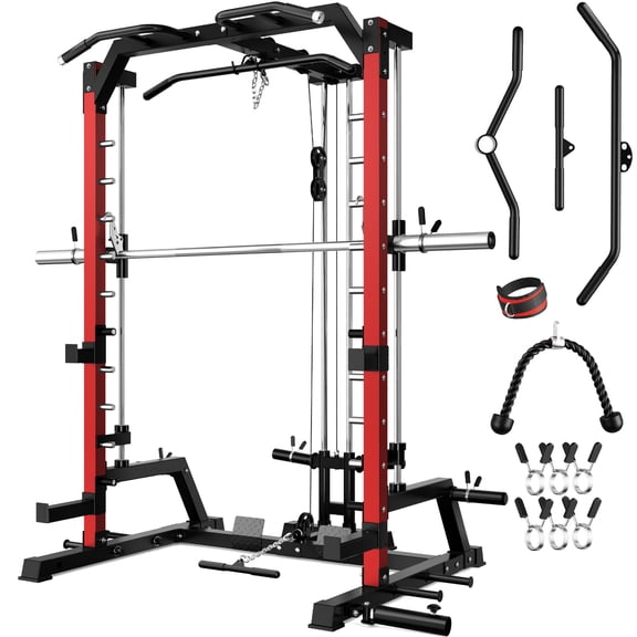 Smith Machine, 2000LBS Multi-Function Squat Power Rack Cage with Cable Crossover, All-in-One Home Gym Squat Rack with Smith Bar and Training Attachments for Full Body Workouts