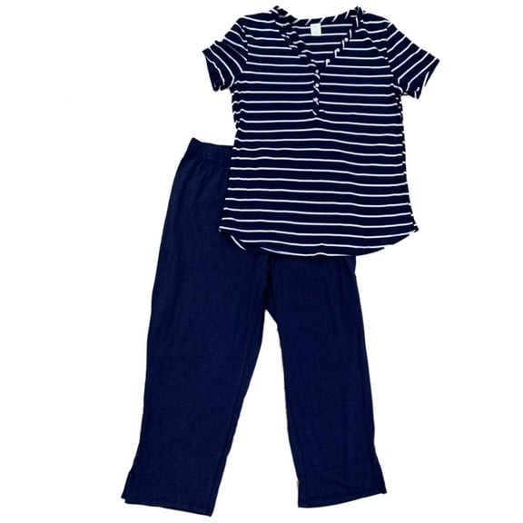 Liz Claiborne Womens Navy Blue & White Short Sleeve & Crop Pant Pajama Set S