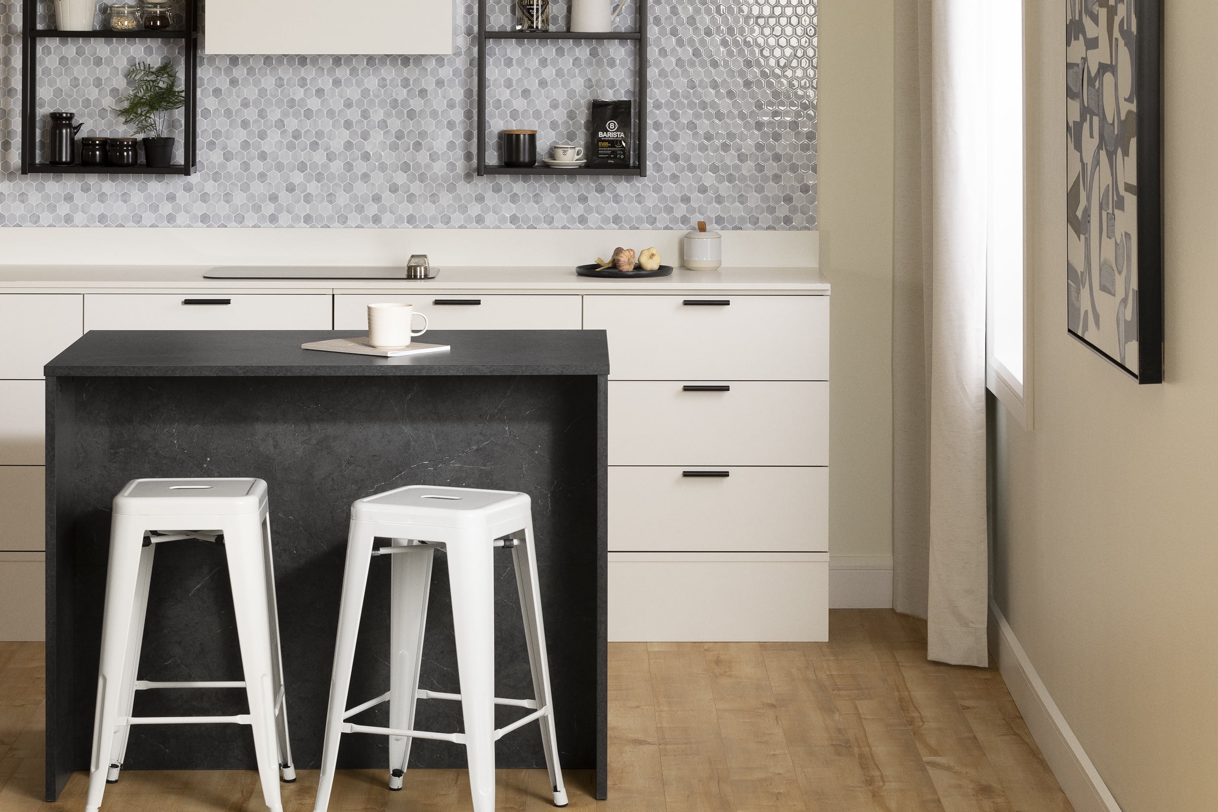 South Shore Myro Kitchen Island with Storage, in Faux Black Stone and White