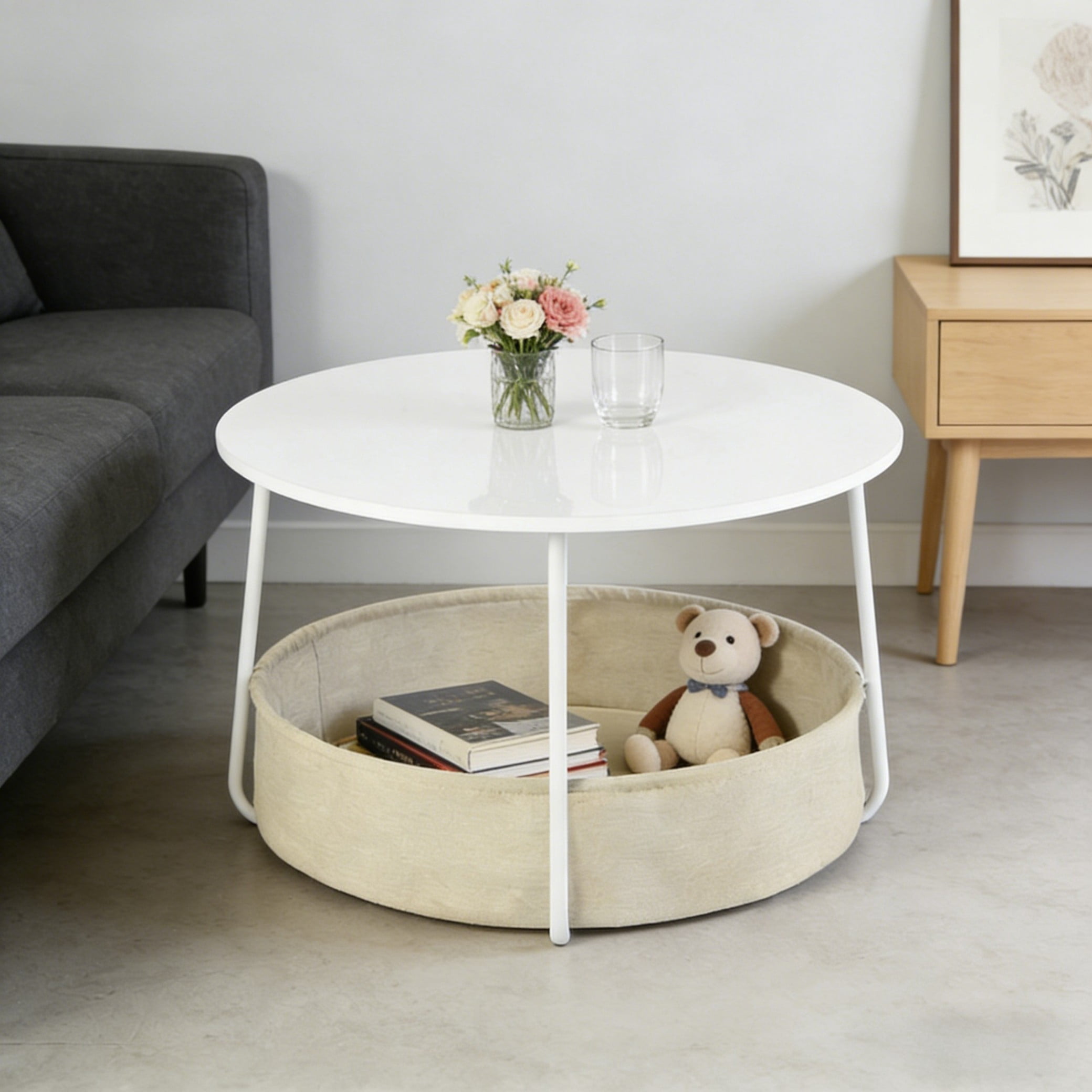 BSHTI 30" Round Coffee Table with Fabric Storage Basket – Space-Saving End Table for Living Room, Bedside Nightstand, Matte White & Beige