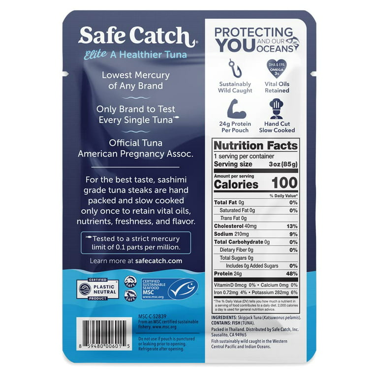 Safe Catch Elite Tuna Wild-Caught lowest Mercury Tuna Fish Pouch Gluten-Free Keto Food Non-GMO Kosher Paleo-Friendly High Protein Snack, No Water