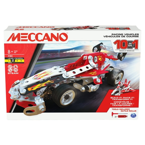 Meccano, 10-in-1 Racing Vehicles STEM Model Building Kit with 225 Parts and Real Tools, Kids Toys for Ages 8 and up