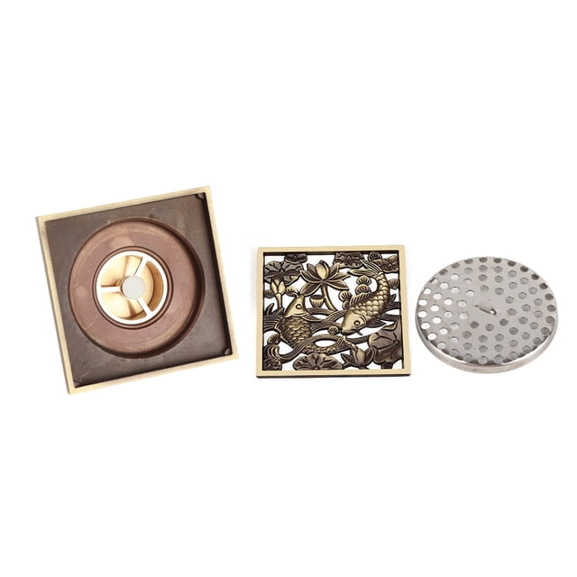Desagüe de suelo cuadrado de latón antiguo con colador. Accesorios de baño y limpieza.