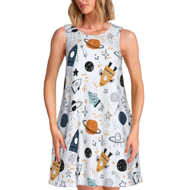 Fotbe Cartoon Planets Vestido de Verano sin Mangas para Mujer – Vestido Midi Línea A, Estilo Camiseta Floral, Vestido Playero Casual y Fluido