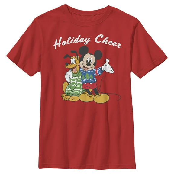 Boy's Mickey & Friends Holiday Cheer With Mickey & Pluto Graphic Tee Red Large