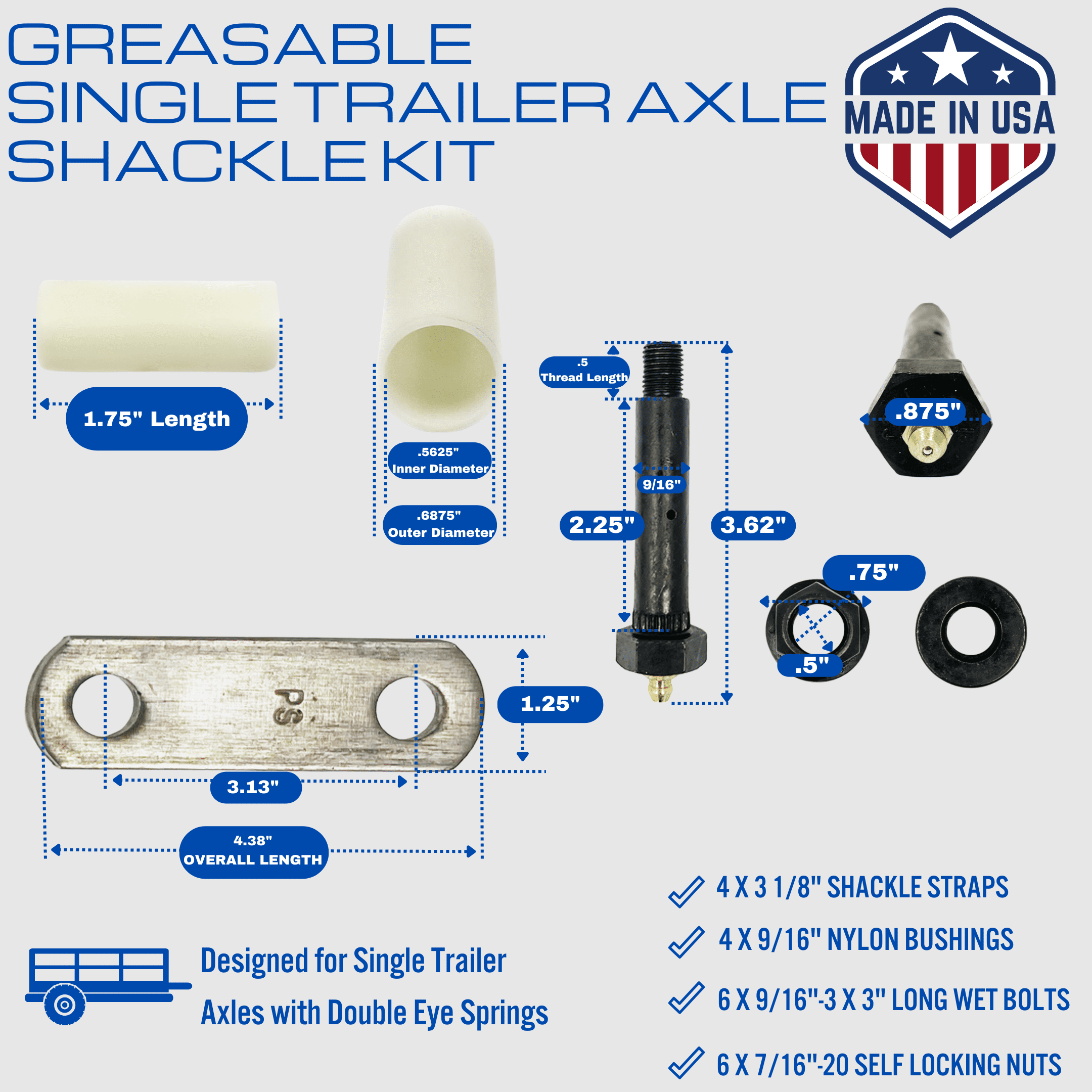 SOUTHWEST WHEEL USA Made Greaseable 2,000 lbs. Trailer Axle Suspension Kit Incl. Leaf Springs, Shackle & U-Bolt kit