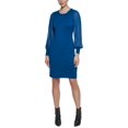 thumbnail image 4 of DKNY Womens Teal Stretch Ribbed Sheer Unlined Blouson Sleeve Crew Neck Knee Length Wear To Work Sheath Dress M, 4 of 6