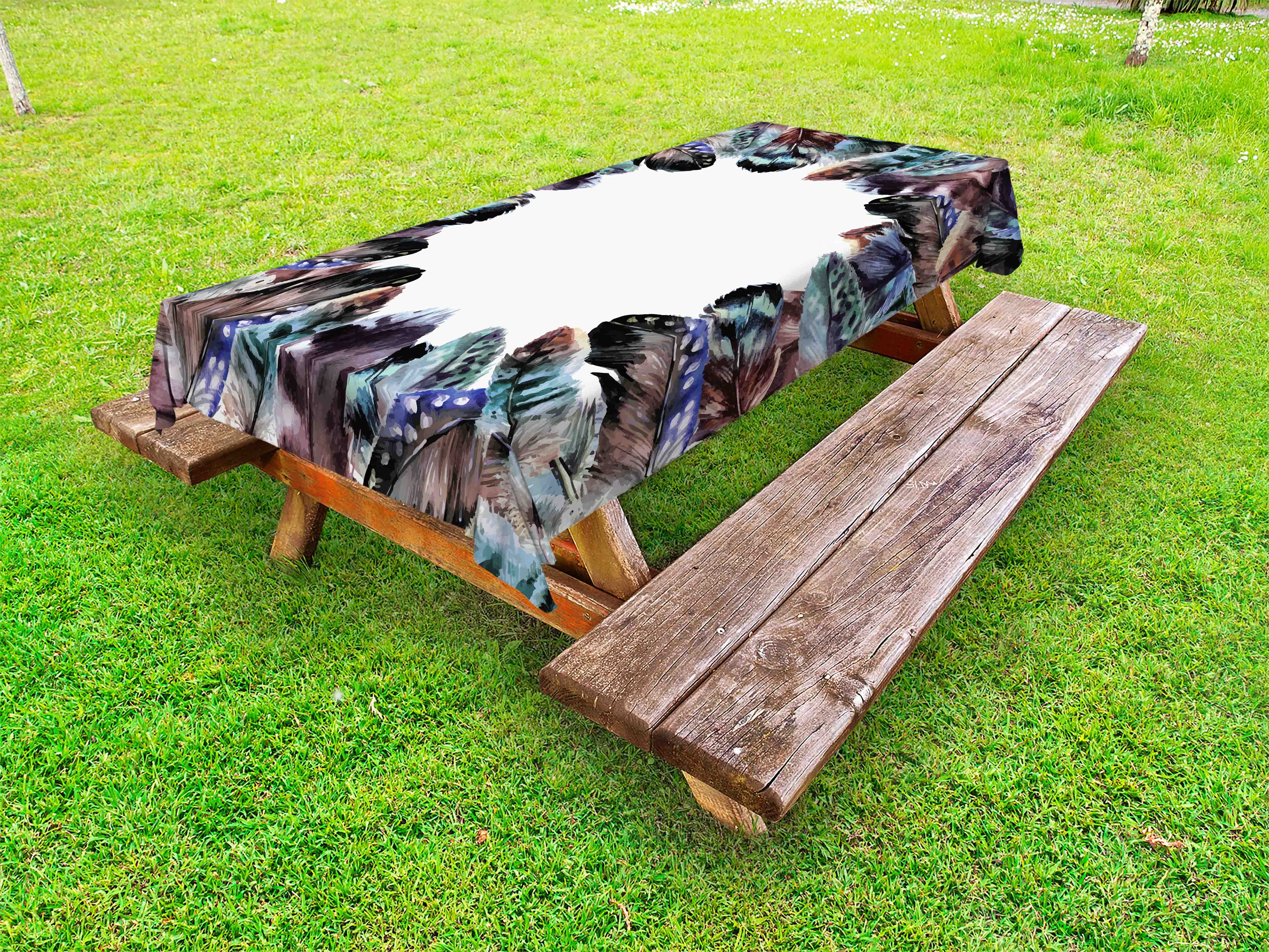 Boho Outdoor Tablecloth, Boho Circle Round Frame with Shabby Ornate Feathers Retro Gypsy