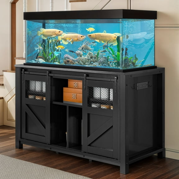 Uforic 120 Gal Fish Tank Stand with Storage, 1100 Lbs Capacity, Power Outlets, Barn Door, Black