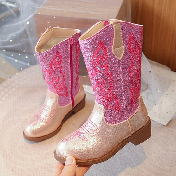 newwalpole Toddler Cowboy Boots Western Cowgirl Boots Boys Girls Mid Calf Square Toe Riding Walking Shoes Gold for Size 1.5