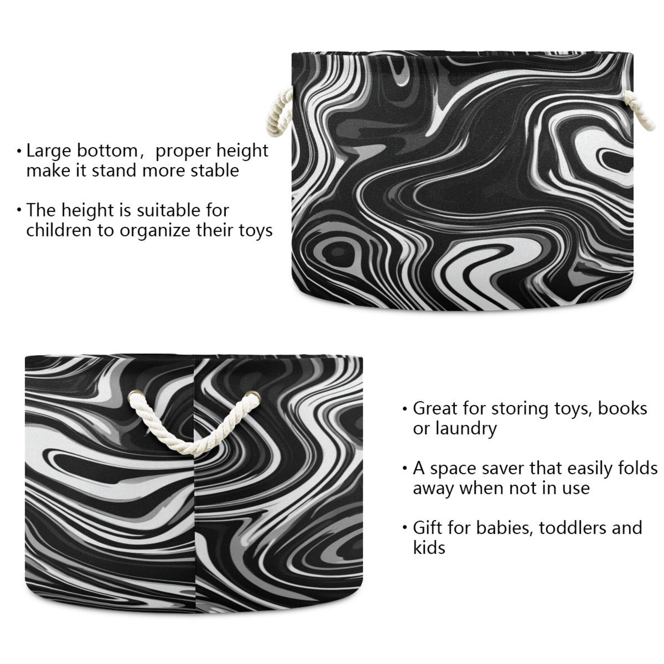 Round Toy Storage Basket Foldable Storage Basket for Home Decor Laundry Basket20" x 14" Matte Black Flowing Lines