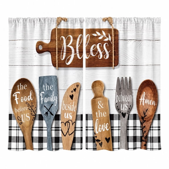 Klsdynlned 3-Piece Valance Curtains Set, Rustic Farmhouse Kitchen Curtains with Blessing Wooden Utensil Print, Black and White Plaid Window Treatment