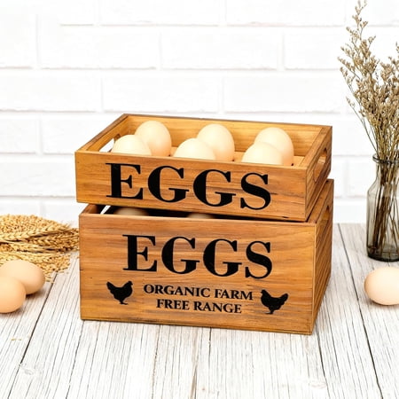 2 Pcs Farm Wooden Eggs Crate for 12 Fresh Eggs Easter Stackable Wooden Crates for Display Rustic Storage Box with Handle for Easter Supermarket Farm Food Shop Kitchen Supplies