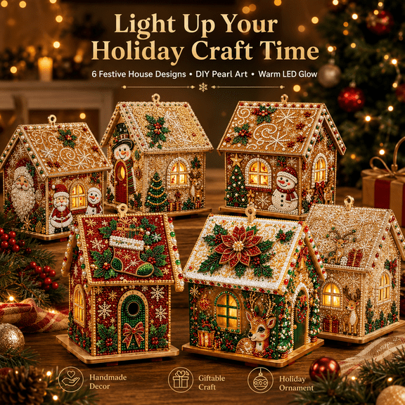 3D Christmas House Diamond Painting Kits for Adults, 3D Pearl Diamond Painting Art Kit with LED Light Wooden Christmas Ornament, DIY Holiday Craft Decor for Home Tabletop Decoration