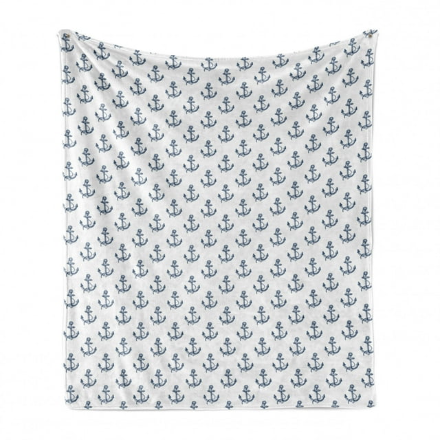 Anchor Soft Flannel Fleece Blanket, Hand Drawn Style Anchors Sailing Cruise Trip Theme Summer Vacation Sketch Art, Cozy Plush for Indoor and Outdoor Use, 50" x 70", Dark Blue White, by Ambesonne