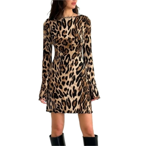 Women's Leopard Backless Long Sleeve Mini Dress 95% Polyester 5% Spandex Leopard Print Stretch Silhouette for Evening