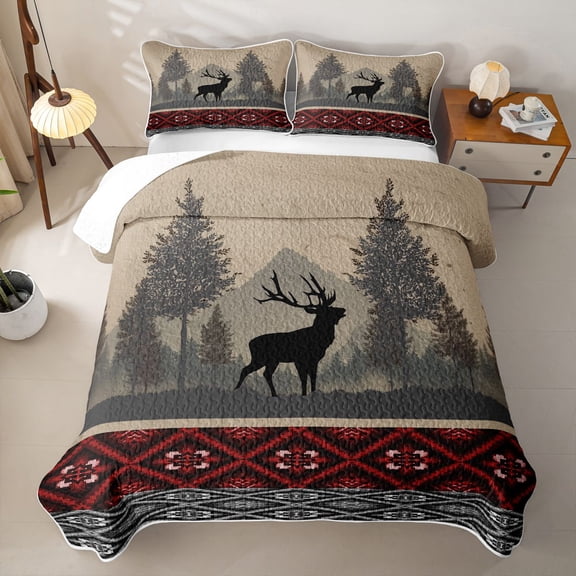 Erosebridal Rustic Western Elk Twin Quilt Set for Women Men, Beige Red Aztec Damask Twin Coverlet Set, 2-Piece