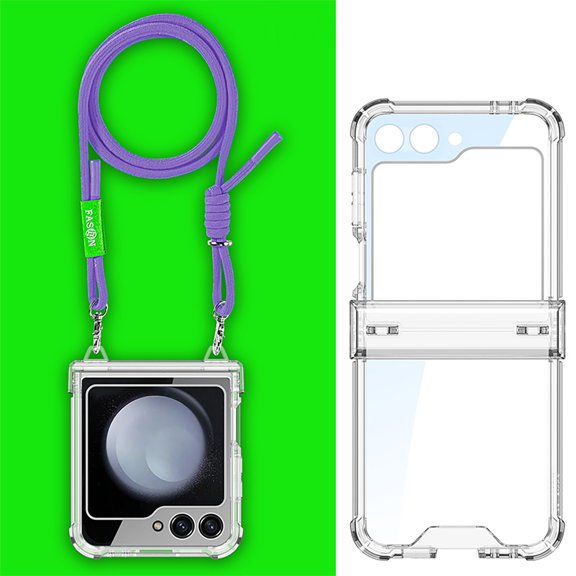 for Samsung Galaxy Z Flip 5 Clear Case with Hinge Protection and Long Rope Shoulder Strap, Military Grade Drop Protection Durable Sturdy Slim Protective Phone Case for Samsung Galaxy Z Flip 5, Purple