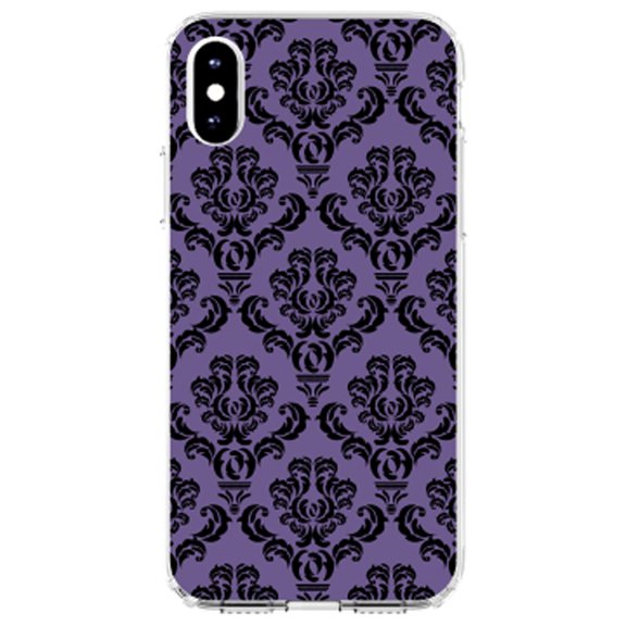 DistinctInk Clear Shockproof Hybrid Case for iPhone XS Max (6.5" Screen) - TPU Bumper, Acrylic Back, Tempered Glass Screen Protector - Purple Black Damask Floral - Floral Damask Pattern