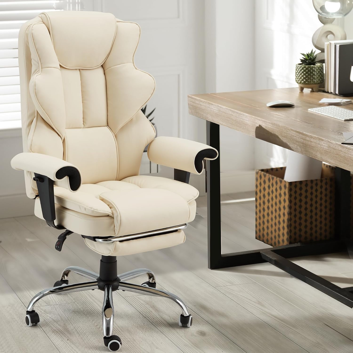 Homrest 6-Point Massage Executive Office Chair for Adults, Heated Ergonomic Home Desk Chair with Adjustable Footrest, Armrests & Backrest (Beige)