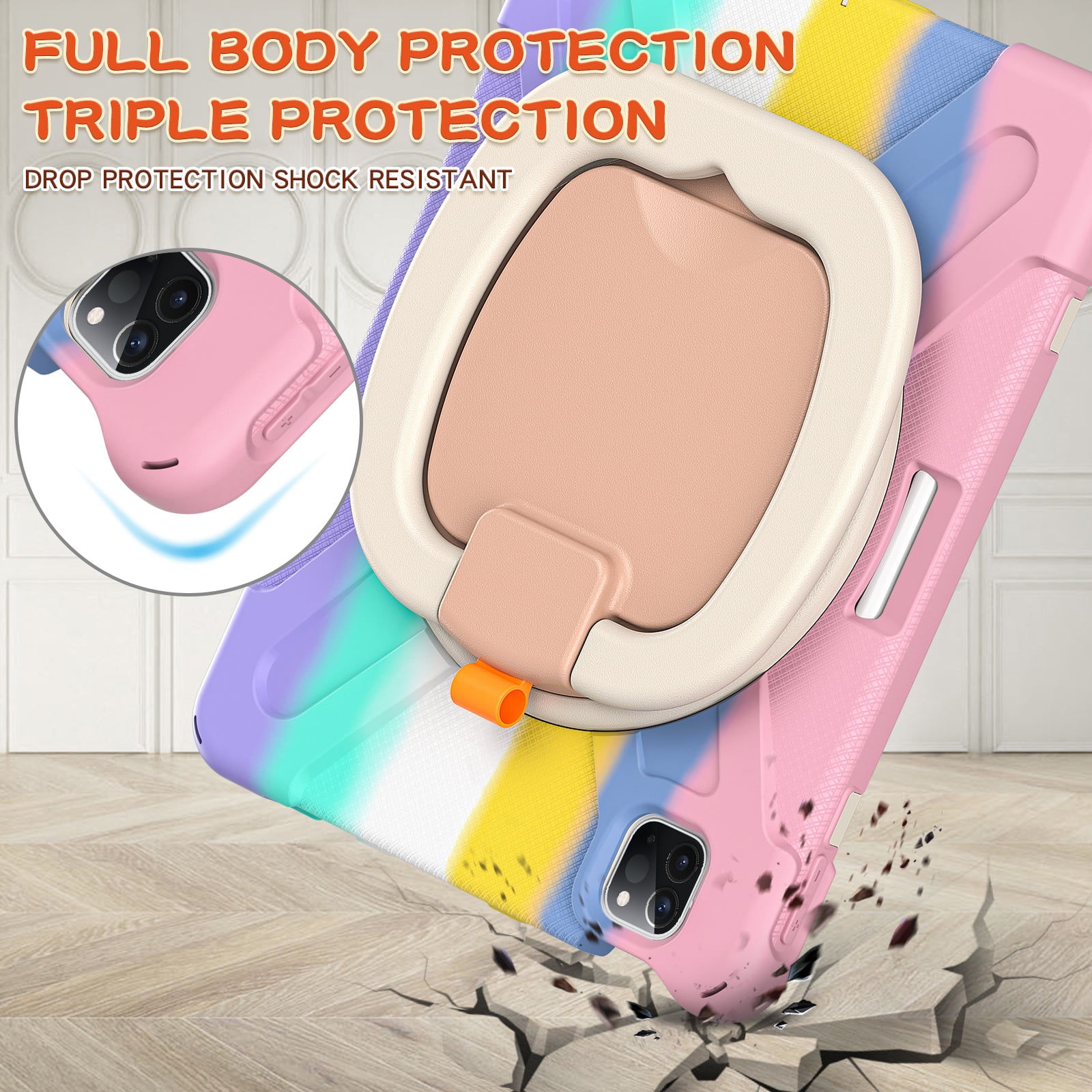 Allytechgroup Protective Case for Apple iPad 11th 10th Generation 2025 2022 10.9 Inch, Rotating Stand Shoulder Strap Handle Pencil Holder Tablet Case for iPad 10.9" Inch 11th 10th Gen, Colorful Pink