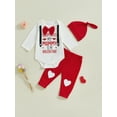 thumbnail image 4 of Baby Toddler Boy Valentine's Day Outfits 3 6 12 18 Months Letter Print Long Sleeve Romper with Heart Pants Hat 3 Pcs Clothing Set, 4 of 9