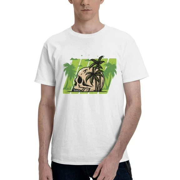 Unisex Skull Coconut Tree T-Shirt Premium 100% Cotton Short Sleeve T Shirt Crew Neck Casual Tee Shirt