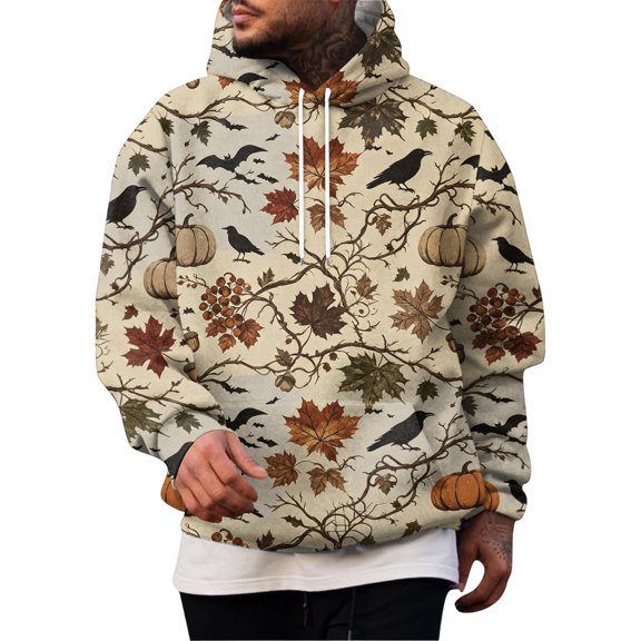 Hsovts Fall Season Halloween Themed Hooded Sweatshirt for Men, Pumpkin Spider Web Ghost All Over Print Casual Loungewear Pullover Beige L