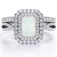 thumbnail image 1 of JeenMata Conjunto de Pavé Retorcido con Halo Doble Ópalo Ardiente Genuino de Talla Esmeralda de 2 Quilates y Moissanita; Conjunto de Boda Eduardiano; Baño de Oro Blanco de 18 K sobre Plata, 1 of 6
