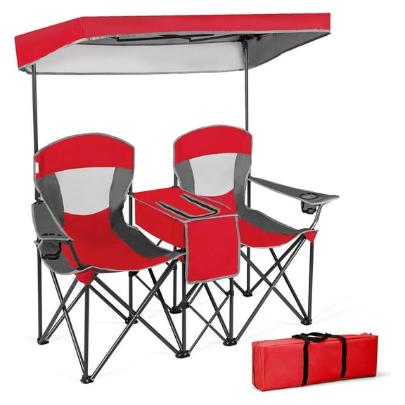 HeSLehs Double Camping Chair, Beach Chair with Canopy Shade, Adjustable UV Protection, Cooler, Cup Holder & Carry Bag, Folding Portable Lawn Soccer Camp Chair with Umbrella for Adults (Red, 2 Person)