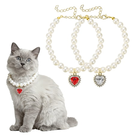 Uxcell Cat Dog Pearl Collar Small Heart Shape Rhinestone Cute Cat Collar Necklace Adjustable (S White/Red 2Pcs ) for Wedding Party Pet Jewelry Accessories Puppies Kitten