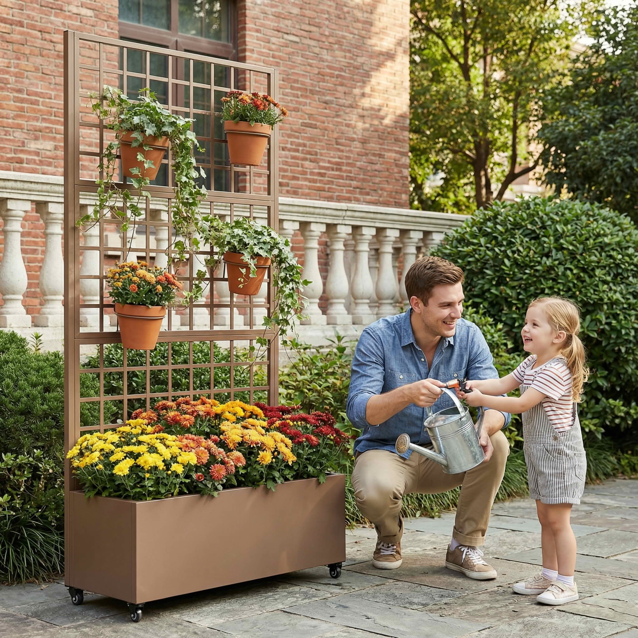 MAYEERTY 72X35" Metal Outdoor Brown Privacy Screen with Planter Box for Backyard & Garden, 5 Piece Set