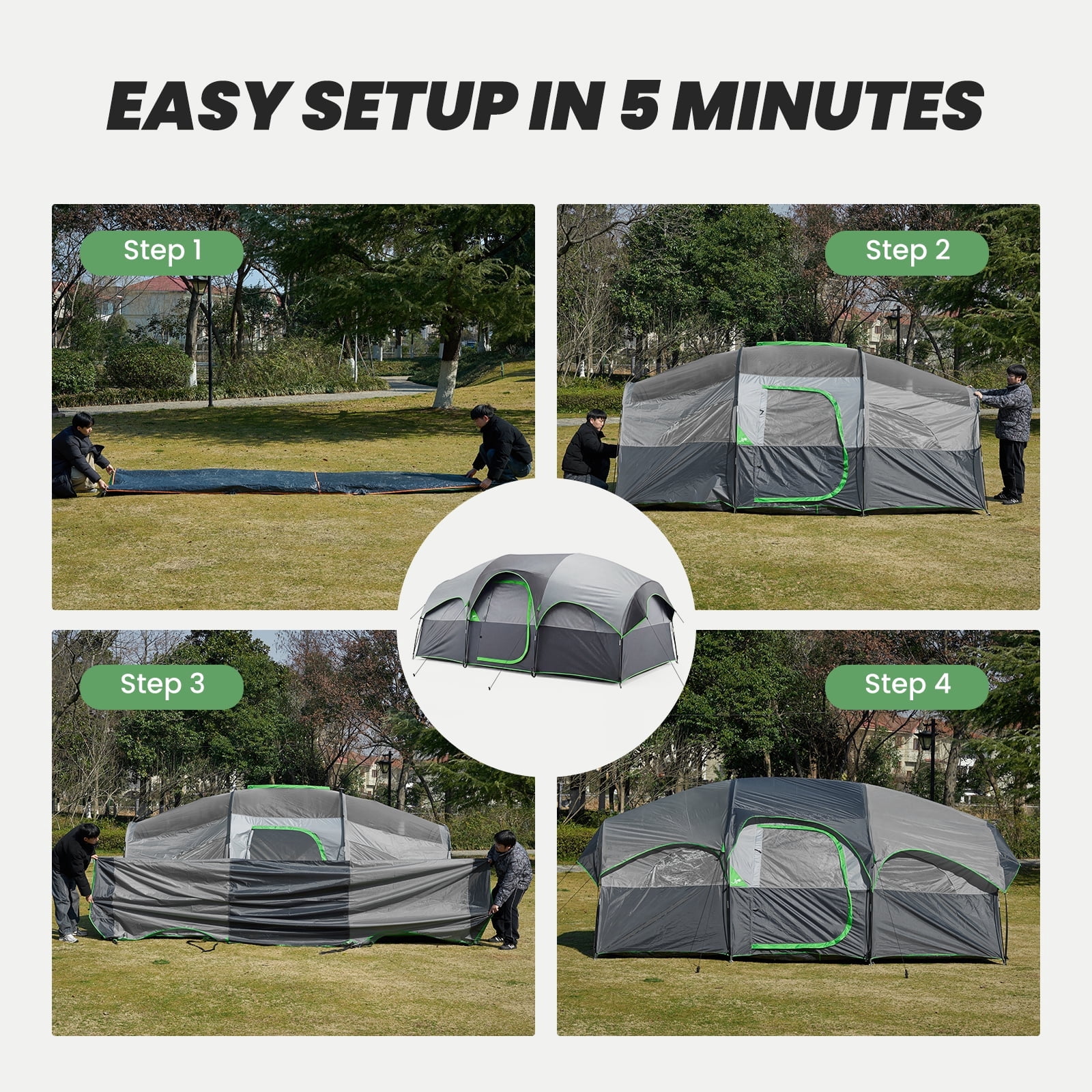 JIOABL 8 Person Camping Tent with Room Divider, Waterproof Polyester, Easy Setup, Portable with Carry Bag, Stakes & Ropes for Outdoor Camping, Gray
