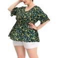 thumbnail image 4 of Agnes Orinda Women's Plus Size Floral Ruffle Smock Sleeve V Neck Peplum Blouse 4X Navy Blue, 4 of 6