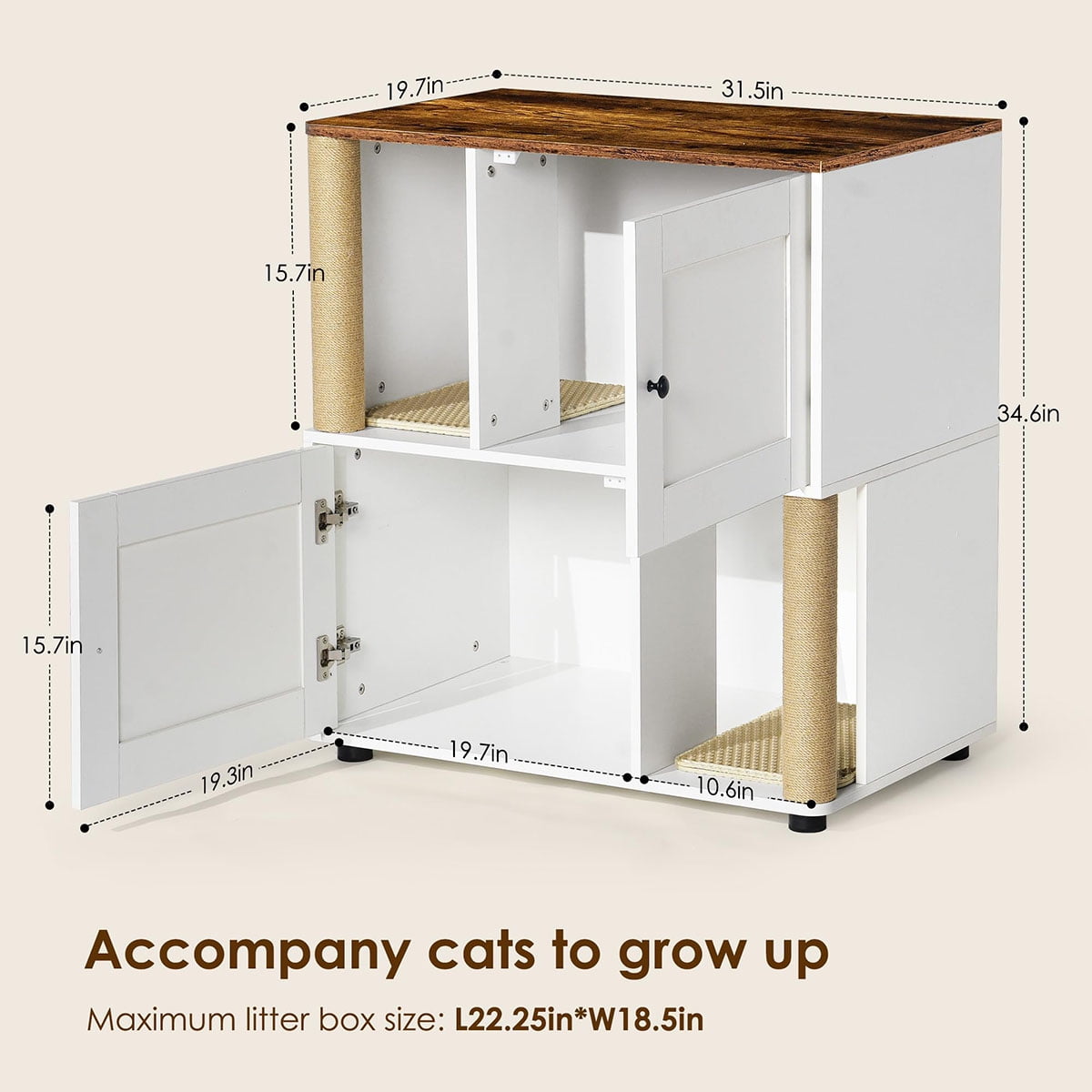 Danolapsi Cat Litter Box Enclosure for 2 Cats, Litter Box Enclosure with Double Room, Hidden Enclosed Cat Litter Box Furniture with Scratch Posts and Double-Layer Litter Mats