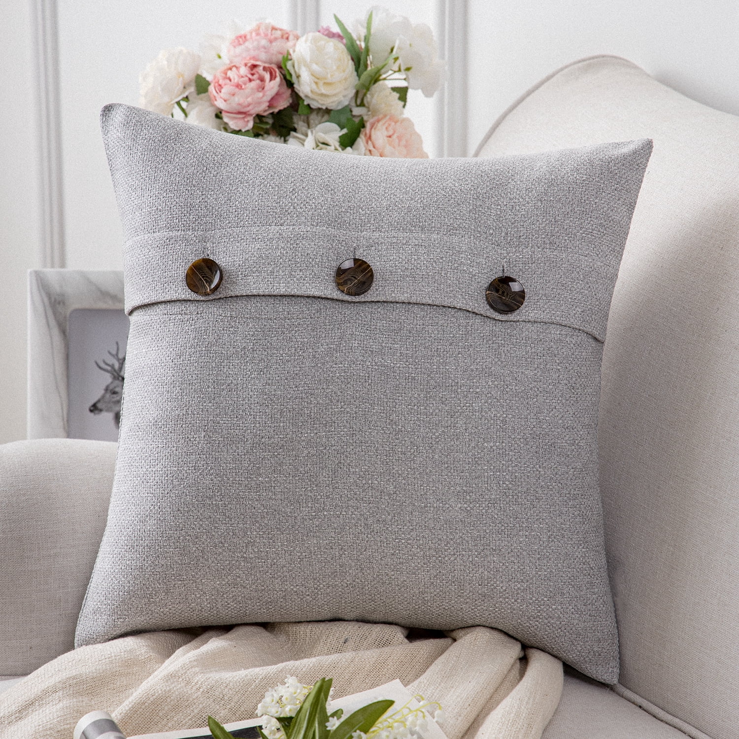 Phantoscope Farmhouse Triple Button Linen Decorative Throw Pillow, Light Gray, 18" x 18", 1 Pack