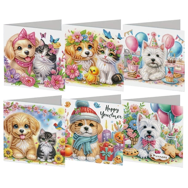(IHK010) Tarjeta Hecha A Mano DIY Con Pintura Diamantes Tarjeta Felicitación Deseos Diarios Tarjeta Bendición Diaria 6 Uds. Gatos Y