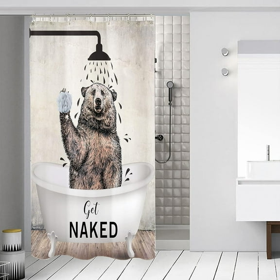Stall Bear Funny Animal Bathroom Shower Curtain Small Half Get Naked Brown Cute Bathtub Farmhouse Kids 36W by 71H Inch Polyester Fabric 7 Plastic Hooks Waterproof Decor