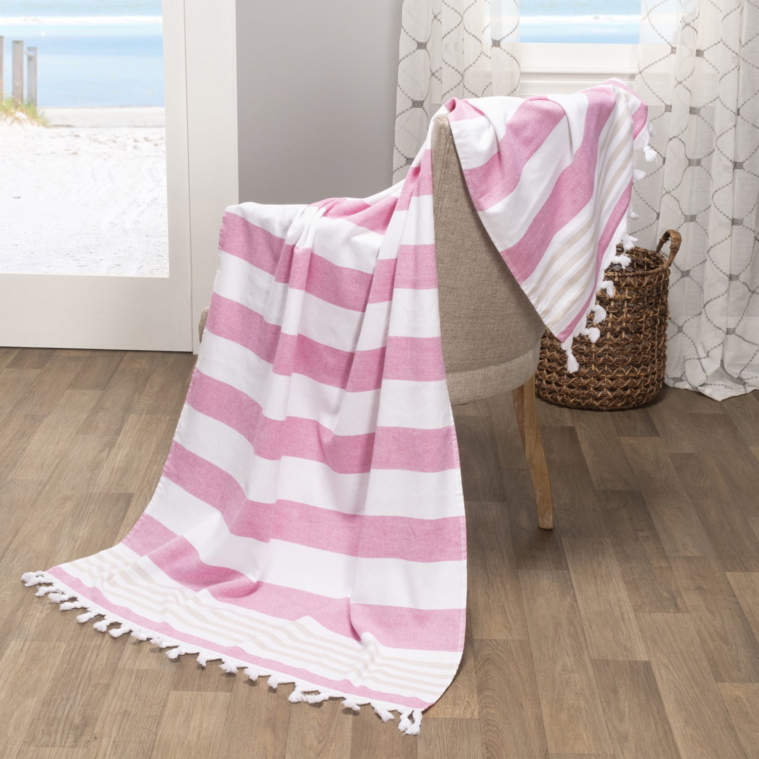 Superior Summery Stripe Fouta Cotton Beach Towel with Fringe, 35" x 68"