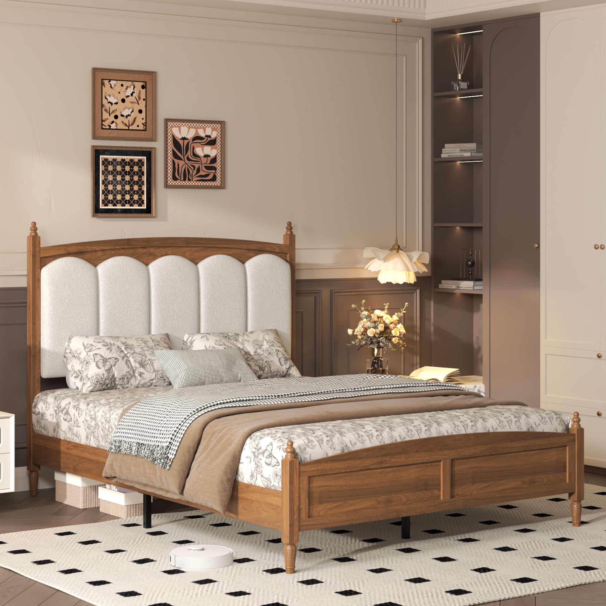 Euroco Queen Size Platform Bed with Upholstery Headboard, Vintage Mid Century Wood Bed, Brown