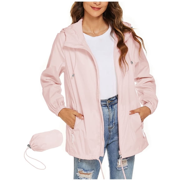 Pink Rain Coat for Women Fall Winter Long Sleeve Lightweight with Hood Waterproof Jackets Hooded Outfits Raincoat Ladies Zip Up 2025 Clothing Fashion L
