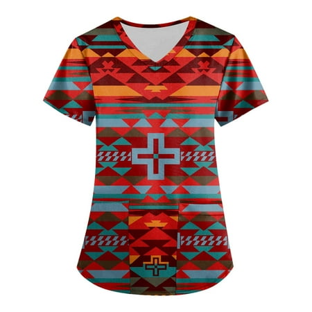 

TQWQT Women s Plus Size Aztec Printed Scrub Tops V-Neck Western Ethnic Graphic T Shirts Workwear Nurse Uniform Tee with Pockets S-5XL