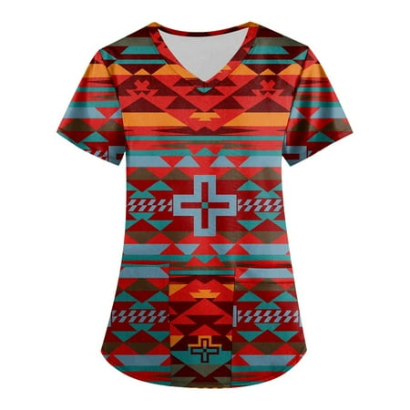 

DENGDENG Short Sleeve Loose Fit Western Scrubs for Women Geometric Aztec Ethnic Style V Neck Workwear Tops