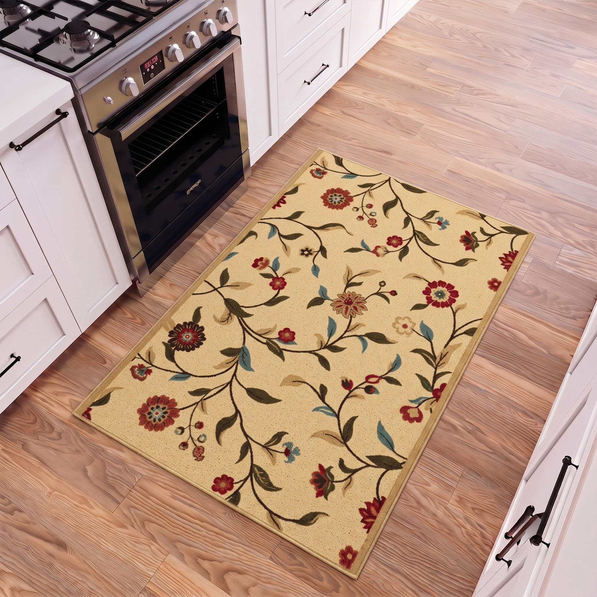 Ottomanson 2'7" x 5' Area Rug – Non-Slip Low Pile Stain Resistant Rug for Bedroom & Entryway, Floral Beige