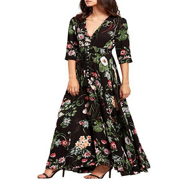 POINTERTECK Robe d'Été des Femmes Imprimé Floral V Cou Robe Midi Manches Courtes pour les Dames Plage Vacances Robe Bleue Manches Courtes L