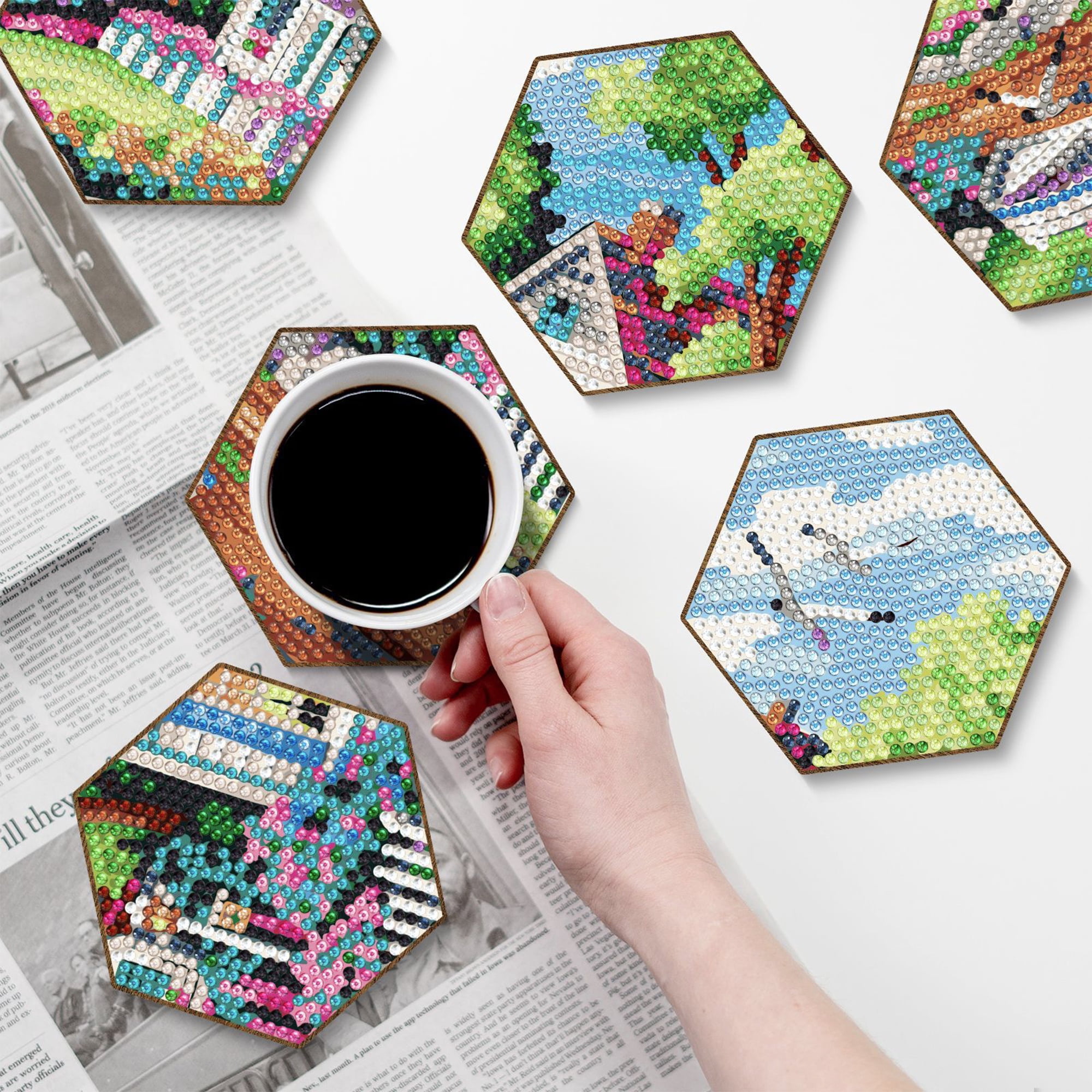 YIFEI Hexagon Diamond Art Coasters Kit with Holder 7 Pcs Coastal Cottage Diamond Painting Coasters Seaside Village DIY Craft Kit for Adults Beginners Gift