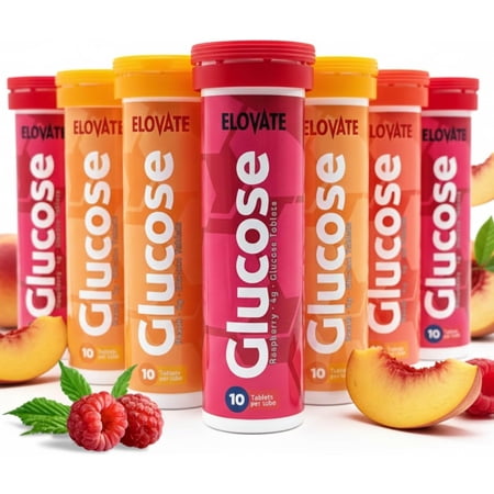 ELOVATE Fast Acting Glucose Tablets – 4g per Tablet, Multiflavor (Peach & Raspberry) – Gluten Free, Fat Free, 8 Tubes (80 Count) – Quick Dissolving Energy Supplement