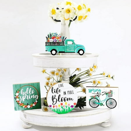 4 Pieces Tiered Tray Decor Farmhouse Rustic Wood Signs Spring Summer Decorations for Home Kitchen Shelf Coffee Bar Table